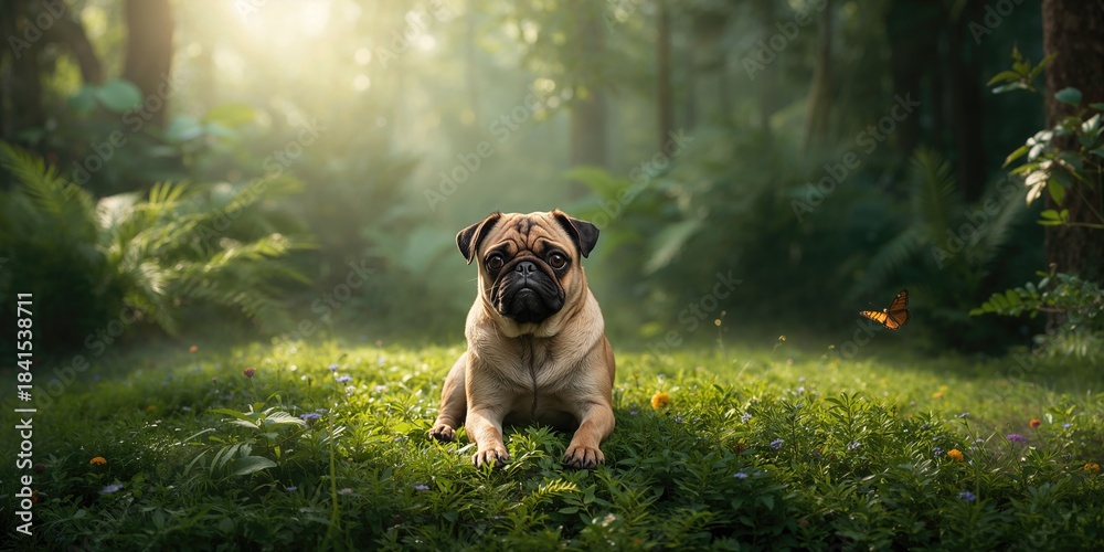 Fototapeta premium A pug lioness resting in the woods, relaxation and natural setting