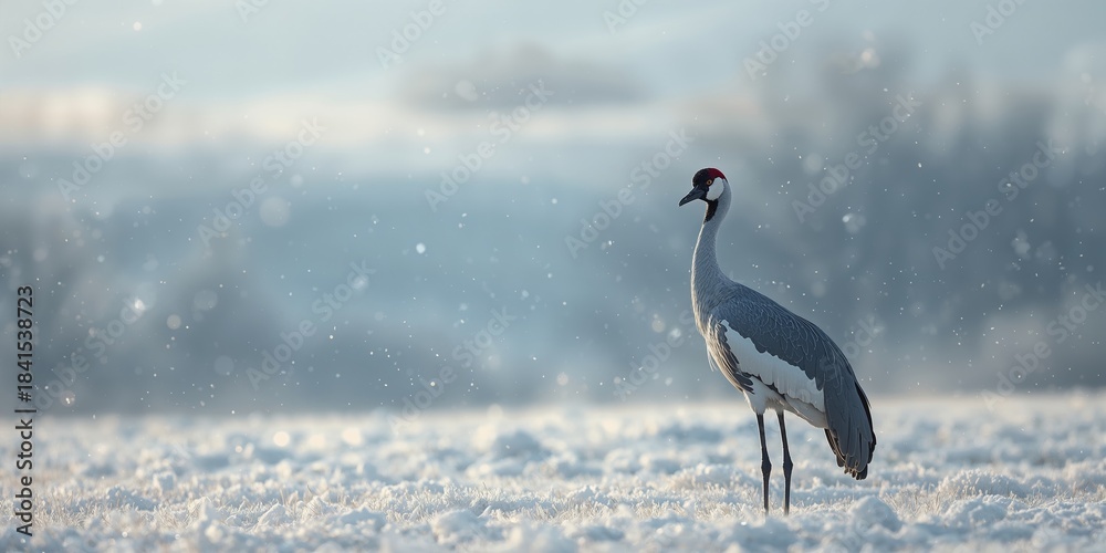 Fototapeta premium Common crane perched in a lush landscape, highlighting wetland preservation efforts
