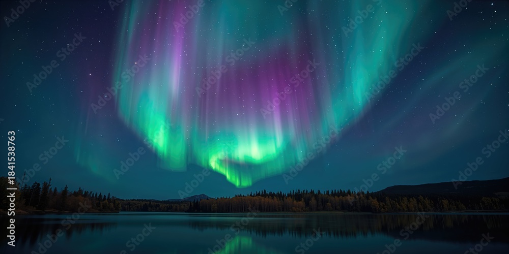 Naklejka premium Autumn night sky illuminated by Aurora Borealis, suitable for nature-themed layouts and environmental visuals