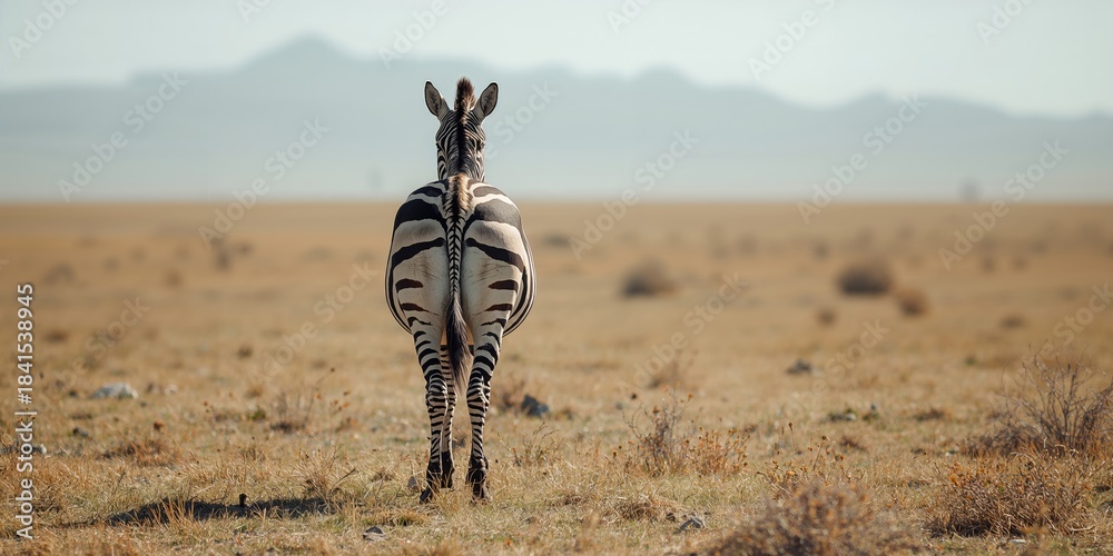 Obraz premium Zebra with its back turned in the savannah, illustrating wildlife observation and conservation efforts