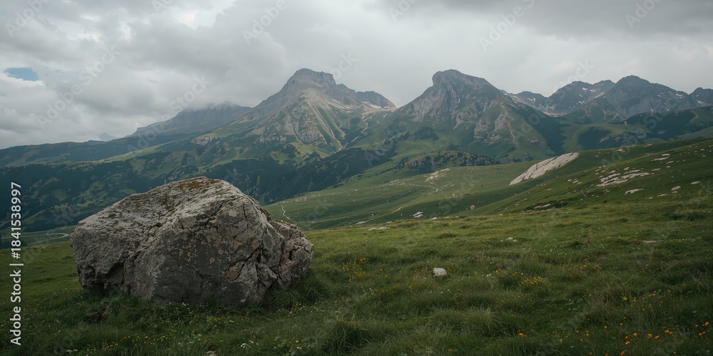 Naklejka premium Dull summer day in Dagestan, featuring grey rock formations, lush green meadow, and white clouds over dark Caucasian mountain ridge