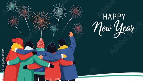 Joyful friends embracing while watching vibrant New Year fireworks celebration under dark night sky