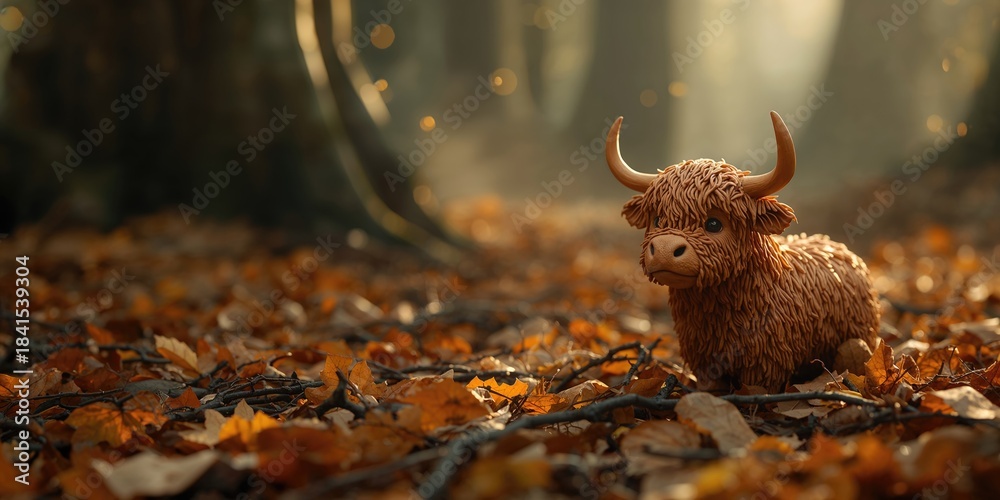 Obraz premium Horned clay Highland cow sculpture placed among woodland foliage, highlighting craftsmanship and rustic environment