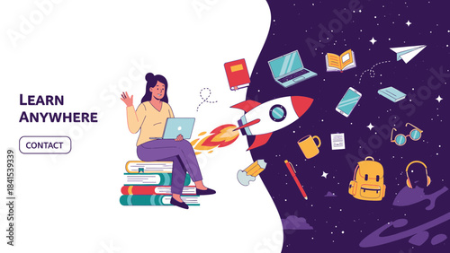Dynamic concept showing student learning remotely with laptop launching into a universe of knowledge and study materials