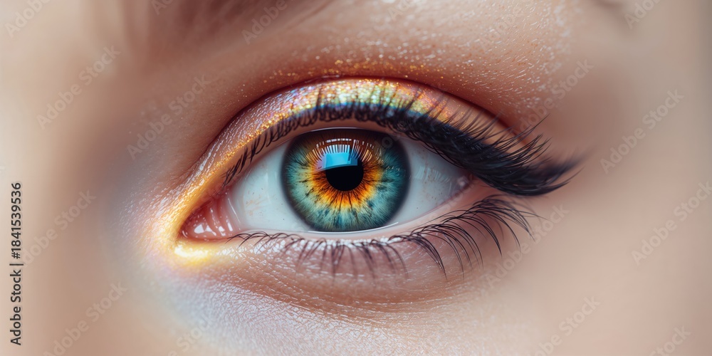 Obraz premium Iridescent eye with reflective surface, used as a background for text and layout, visual impact