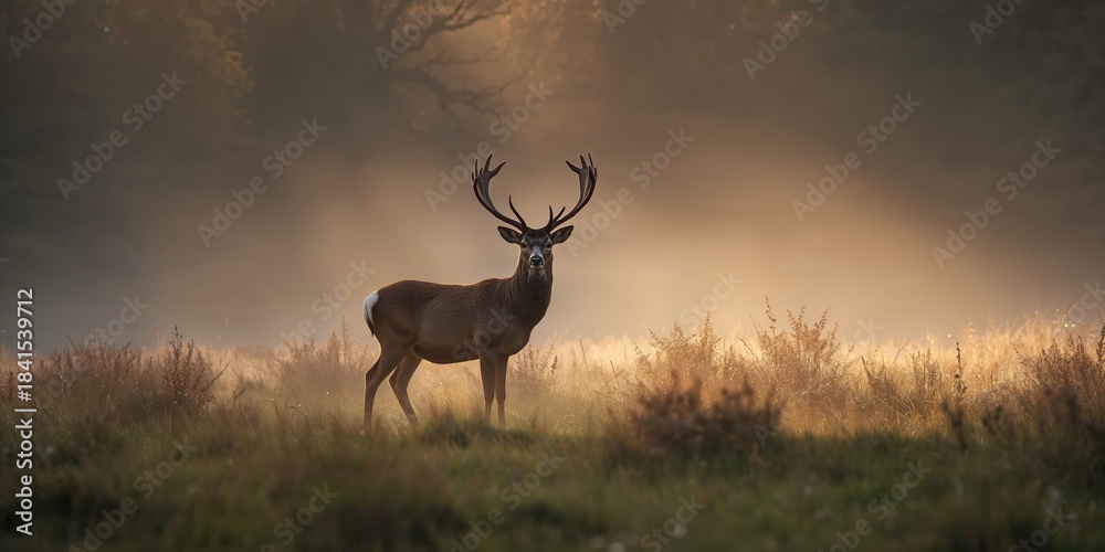 Obraz premium Red deer close-up at dawn in the UK, wildlife observation and natural lighting