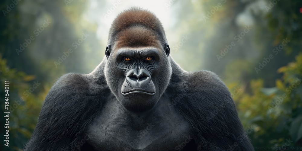 Obraz premium A grumpy gorilla in a dense jungle setting, exhibiting signs of territorial behavior, Earth Day