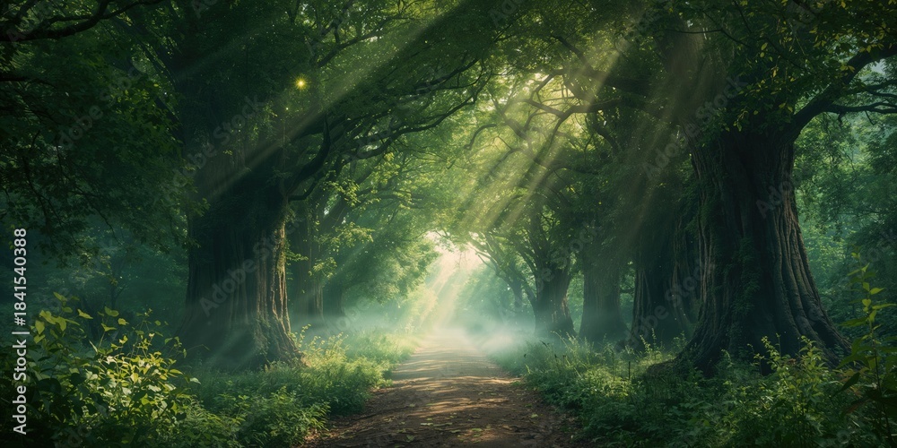 Obraz premium Green woodland tunnel scene used as a natural background for text or design projects, lush forest scenery