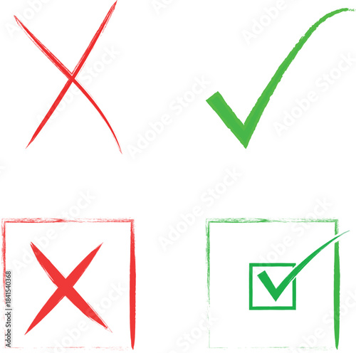 A collection of hand-drawn green check marks and red cross symbols for decision-making