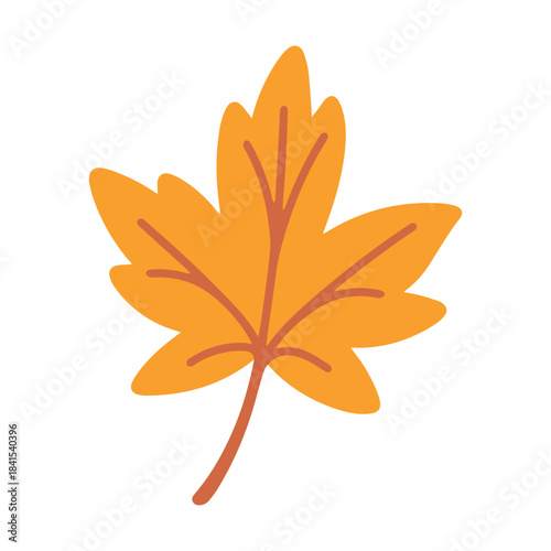 A bright orange palmate leaf, resembling a maple leaf. A vibrant symbol of autumn, Canada, and the beauty of falling foliage in the forest.