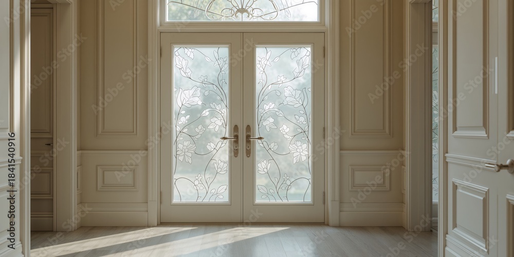 Fototapeta premium Decorative frosted glass panels with intricate floral designs installed at a home entrance, emphasizing privacy and aesthetic appeal