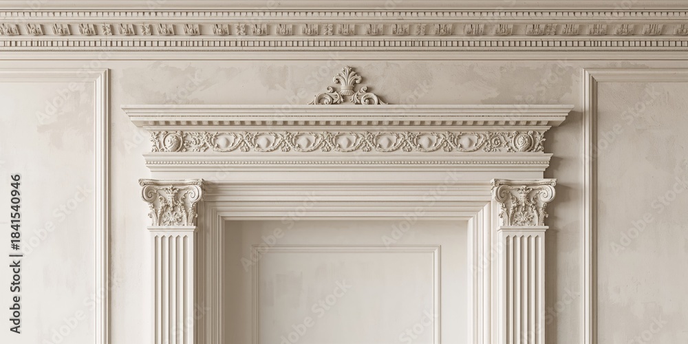 Obraz premium Gypsum cornice and moldings on a wall background, suitable for interior design layouts