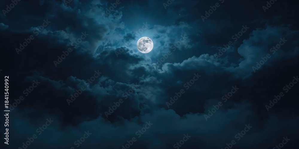 Obraz premium Full moon illuminated in a dark sky with clouds, creating a dramatic night scene, Earth Day