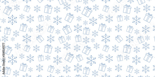 Seamless Christmas pattern with BLUE gift box and snowflake icons on a WHITE background, modern festive texture ideal for wrapping paper, textiles, invitations, greeting cards.