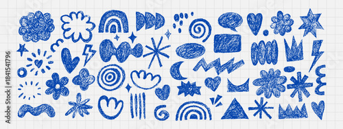 Blue pen crayon doodle grunge bold shapes, scribble set. Modern childish hand drawn naive emphasis elements. Vector isolated notebook illustration. Geometric pattern
