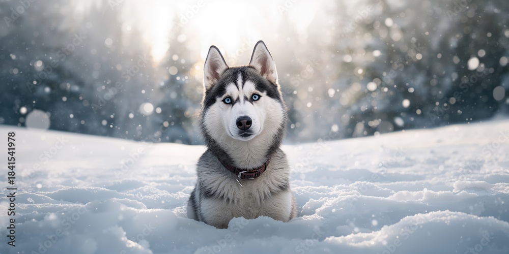 Obraz premium Blue-eyed husky, acting as a winter pet, highlighting cold climate adaptation