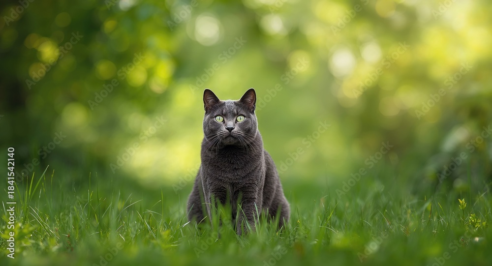 Obraz premium Dark gray British cat resting amidst lush green foliage, suitable for nature-themed background design