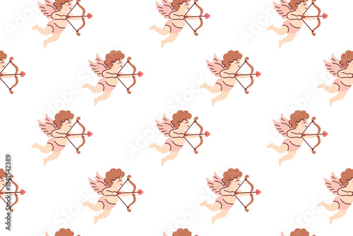 Repeatable background featuring little angels with bows and arrows. Romantic mythological texture for wedding stationery, textile, and packaging.