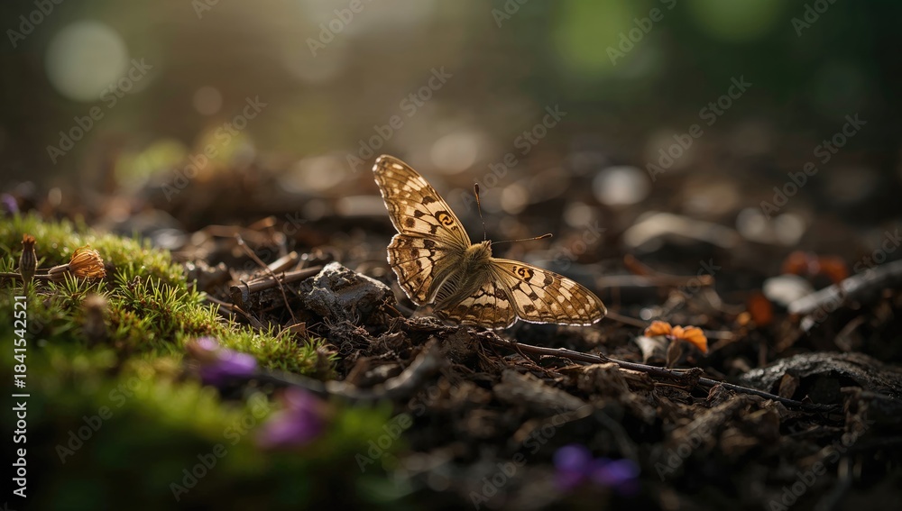 Obraz premium Spotted butterfly perched on withered leaves, highlighting natural erosion patterns