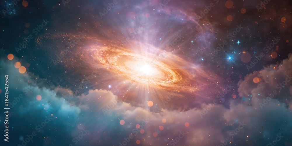 Obraz premium Abstract light burst illuminating a bright galaxy for digital display backgrounds, World Astronomy Day