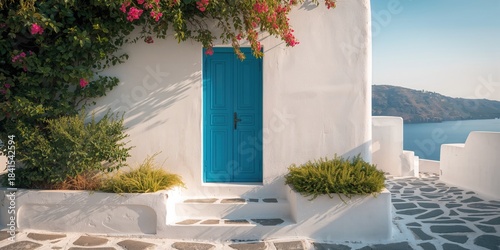 Fototapeta Naklejka Na Ścianę i Meble -  Blue door on historic building exterior, emphasizing urban preservation and accessibility