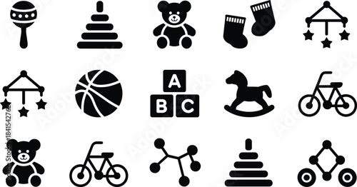 Collection of baby toy icons, simple black silhouette illustrations featuring rattles, teddy bears, stacking toys, ABC blocks, rocking horse and bicycles for nursery, kids products and education theme