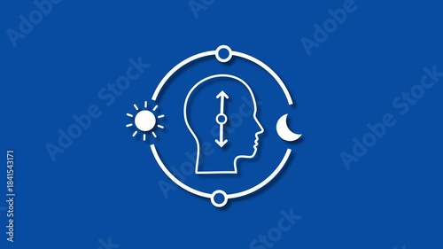 Circadian health white line animation. Human head with biological clock animated icon. Optimize cognitive function for daytime. Isolated element on dark background. 4K