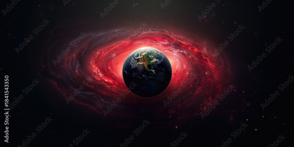 Obraz premium Red galaxy scene with planetary objects, designed for science and astronomy presentation backgrounds