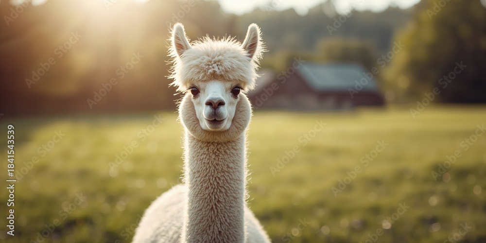 Fototapeta premium Happy alpaca looking at the camera with a bright smile, ideal for a natural setting background, Earth Day