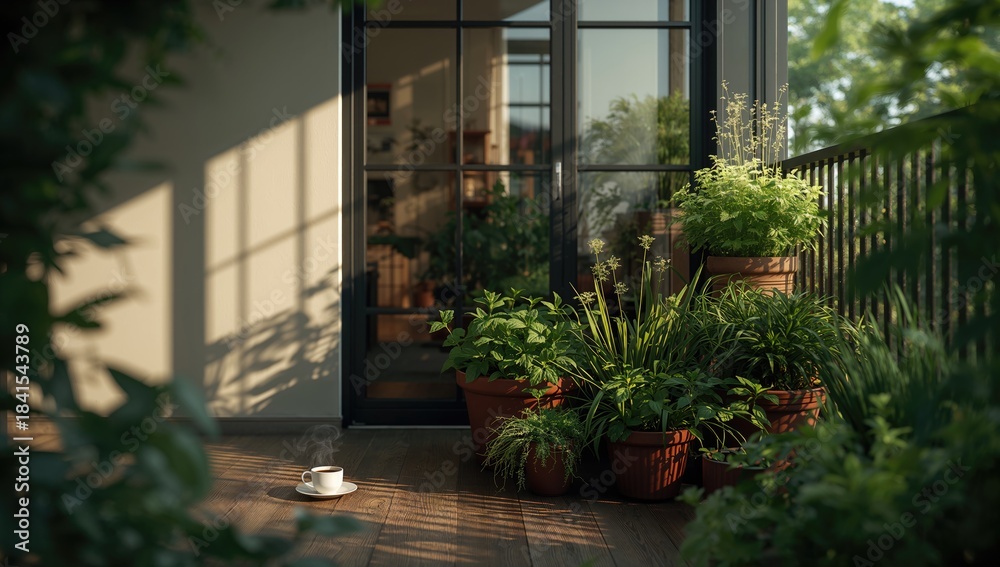Obraz premium Apartment balcony filled with lush greenery, balcony gardening for sustainability, Earth Day