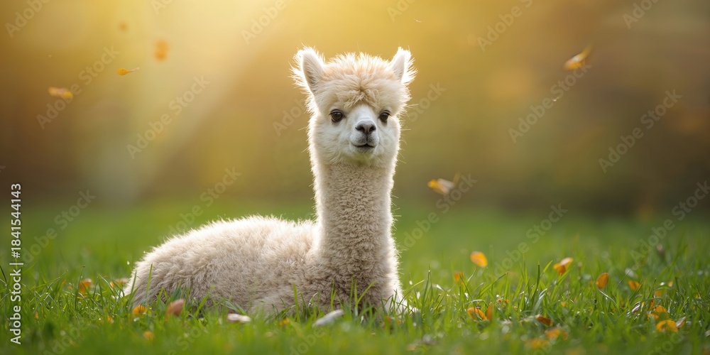 Fototapeta premium Cute fluffy llama in a green pasture during autumn, farm animal welfare and natural outdoor environment