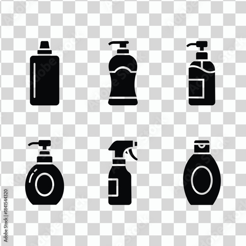 Black silhouettes of various soap and lotion dispensers on transparent background