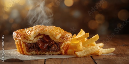 A detailed view of a meat pie with golden chips on the side, classic British pub fare