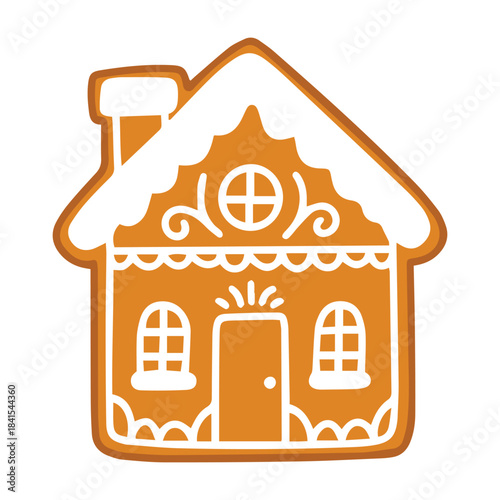 Single baked cottage biscuit for Christmas. Holiday gingerbread house with white icing details isolated on white background.
