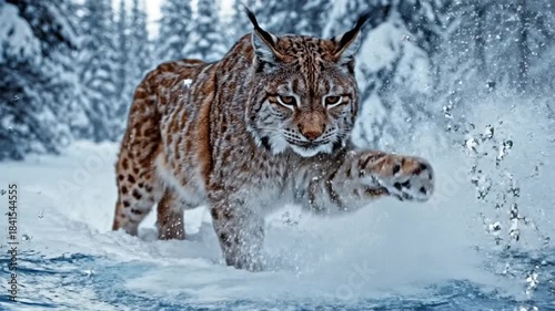 A snow-lit lynx marches through icy water, ears tufted, pines loom behind, silent. Snow breath cold