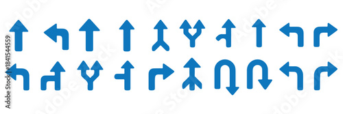Way direction arrow sign icon set. three arrow, way sign, road direction icon vector. three-way direction arrow sign.Way pointer symbol. Turn arrow navigation sign. Traffic route vector illustration.