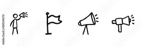 Person With Megaphone, Flag, And Megaphone Line Icon Set In Doodle Style. Communication, Announcement, And Promotion Outline Sketch Collection. Hand Drawn Isolated Vector Illustration