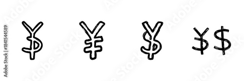 Currency Symbols Line Icon Set In Doodle Style. Financial Exchange, Global Economy, And Monetary Representation Outline Sketch Collection. Hand Drawn Isolated Vector Illustration