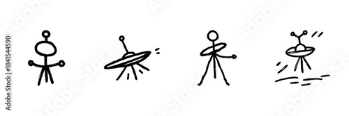 Alien And Ufo Line Icon Set In Doodle Style. Extraterrestrial Life And Spacecraft Exploration Outline Sketch Collection. Sci-Fi And Space Adventure Theme. Hand Drawn Isolated Vector Illustration