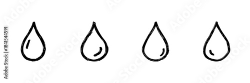 Four Water Droplets Line Icon Set In Doodle Style. Hydration, Purity, And Fluidity Symbol Outline Sketch Collection. Environmental And Health Concept. Hand Drawn Isolated Vector Illustration