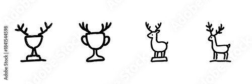 Trophy And Deer Antlers Line Icon Set In Doodle Style. Achievement, Hunting, And Wildlife Symbolism Outline Sketch Collection. Hand Drawn Isolated Vector Illustration
