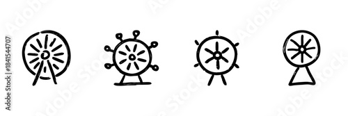 Ferris Wheel Line Icon Set In Doodle Style. Amusement Park, Entertainment, And Leisure Activity Outline Sketch Collection. Hand Drawn Isolated Vector Illustration