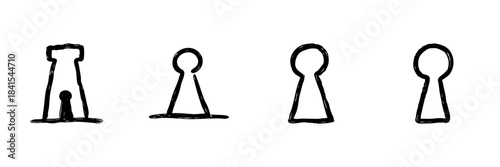 Keyhole Line Icon Set In Doodle Style. Security, Privacy, And Access Control Outline Sketch Collection. Lock And Unlock Concepts. Hand Drawn Isolated Vector Illustration