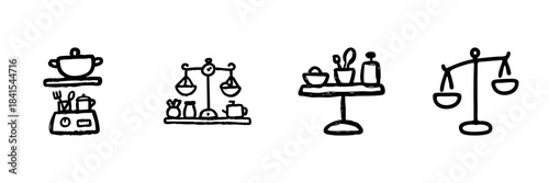 Kitchen Utensils And Scales Line Icon Set In Doodle Style. Cooking Tools, Ingredient Measurement, And Culinary Balance Outline Sketch Collection. Hand Drawn Isolated Vector Illustration