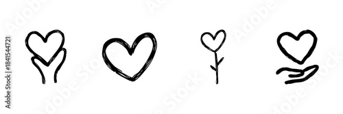 Heart Symbol Line Icon Set In Doodle Style. Love, Care, And Growth Representation Outline Sketch Collection. Hand Drawn Isolated Vector Illustration