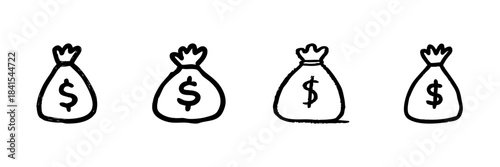 Money Bag Line Icon Set In Doodle Style. Financial Savings, Wealth Accumulation, And Investment Outline Sketch Collection. Economic Growth Symbols. Hand Drawn Isolated Vector Illustration