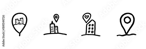 Map Location Pin Line Icon Set In Doodle Style. Navigation, Landmark Identification, And Travel Destination Outline Sketch Collection. Hand Drawn Isolated Vector Illustration