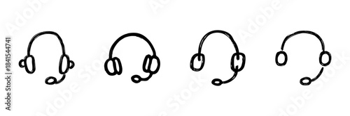Headset With Microphone Line Icon Set In Doodle Style. Customer Support, Communication, And Call Center Equipment Outline Sketch Collection. Hand Drawn Isolated Vector Illustration