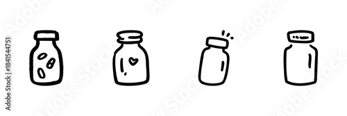 Medicine And Supplement Bottles Line Icon Set In Doodle Style. Health, Wellness, And Pharmaceutical Outline Sketch Collection. Hand Drawn Isolated Vector Illustration