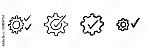 Gear With Checkmark Line Icon Set In Doodle Style. Quality Assurance, System Optimization, And Task Completion Outline Sketch Collection. Hand Drawn Isolated Vector Illustration